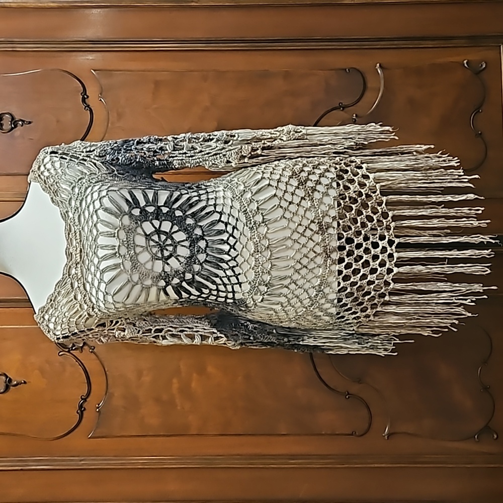 Crochet Tunic Fringe Bell Sleeves 100% Cotton T Party Gray Cream Blue Taupe S/M